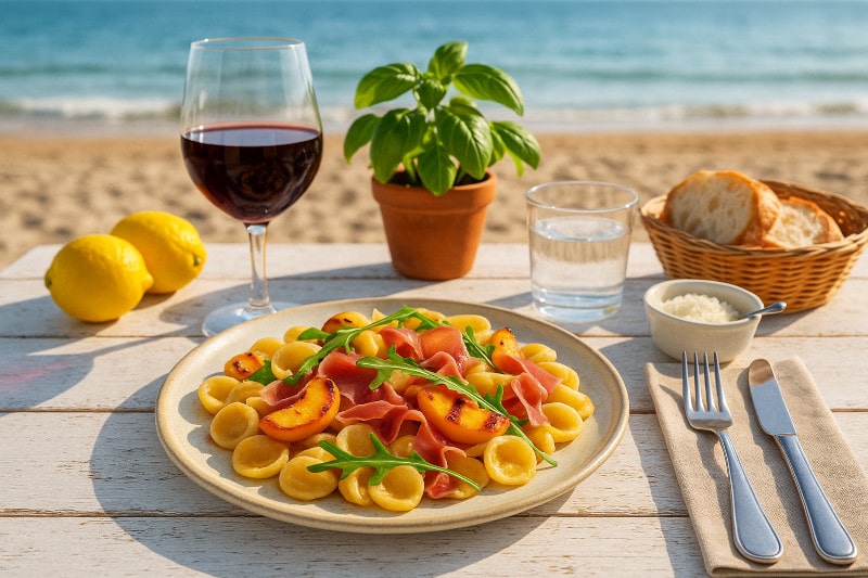 Rezeptidee Wein zum Essen Orecchiette mit Pfirsich, Parmaschinken, Rucola und ein Glas Nero d’Avola