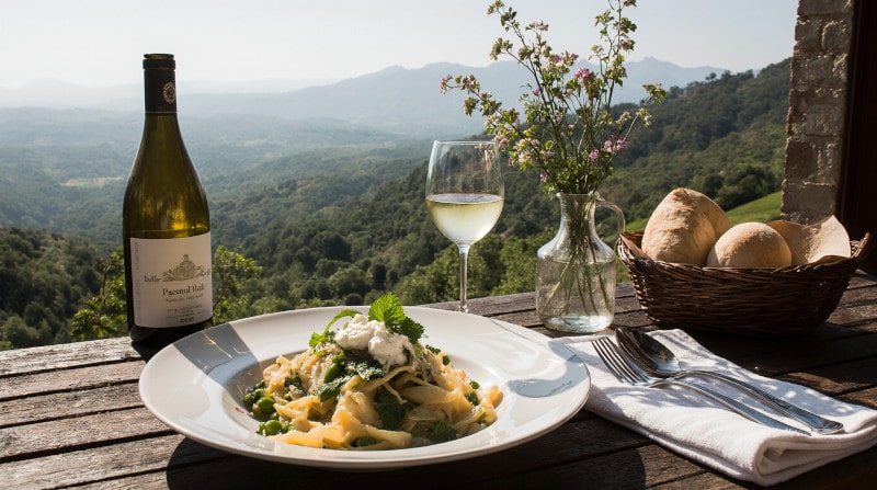 Rezeptidee Wein zum Essen Pappardelle mit Erbsen & Ricotta – Pasta mit einem Glas Gavi