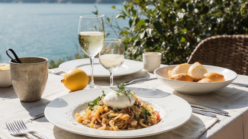 Rezeptidee Wein zum Essen Pasta fredda mit Burrata und Lugana DOC