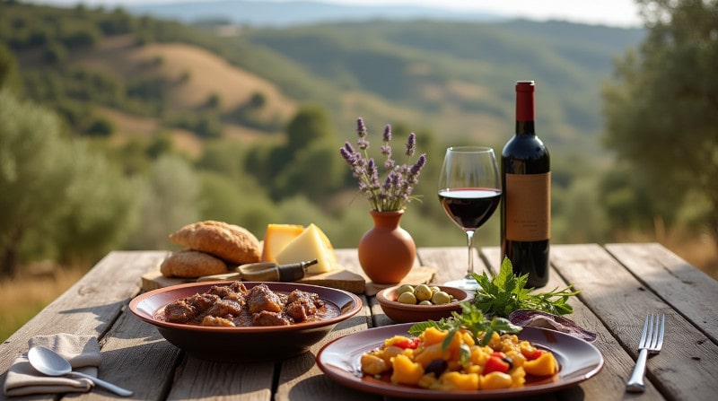 Kategoriebild Rebsorte Carignan, Carignan-Wein im Glas mit Speisen wie Lammragout, Cassoulet und Tapas auf rustikalem Tisch