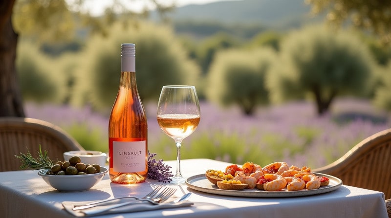 Kategoriebild Rebsorte Cinsault Cinsault-Rosé und mediterrane Speisen wie Ziegenkäse-Crostini, Tapenade und gegrillte Garnelen auf sommerlich gedecktem Tisch
