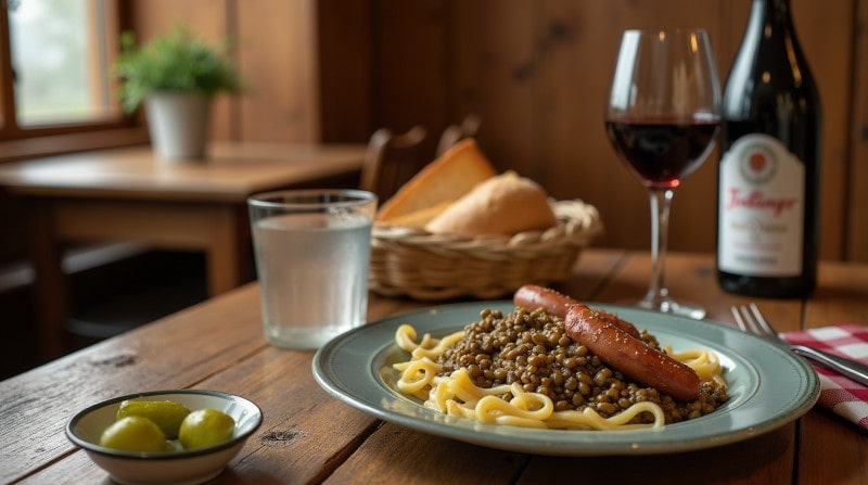 Kategoriebild Rebsorte Trollinger Trollinger-Wein im Glas mit schwäbischer Brotzeit und Linsen mit Spätzle auf rustikalem Holztisch