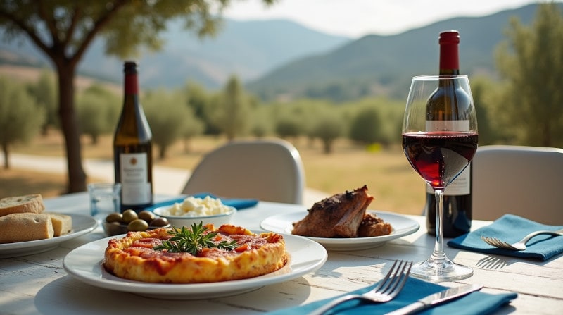 Kategoriebild Rebsorte Xinomavro Xinomavro-Wein im Glas mit griechischen Spezialitäten wie Moussaka, Mezze und Lamm-Kleftiko auf mediterran gedecktem Tisch