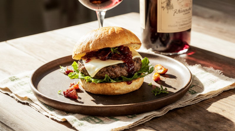 Rezeptidee Wein zum Essen Rinderburger mit Ziegenkäse und Feigenchutney und einem Glas Rotwein