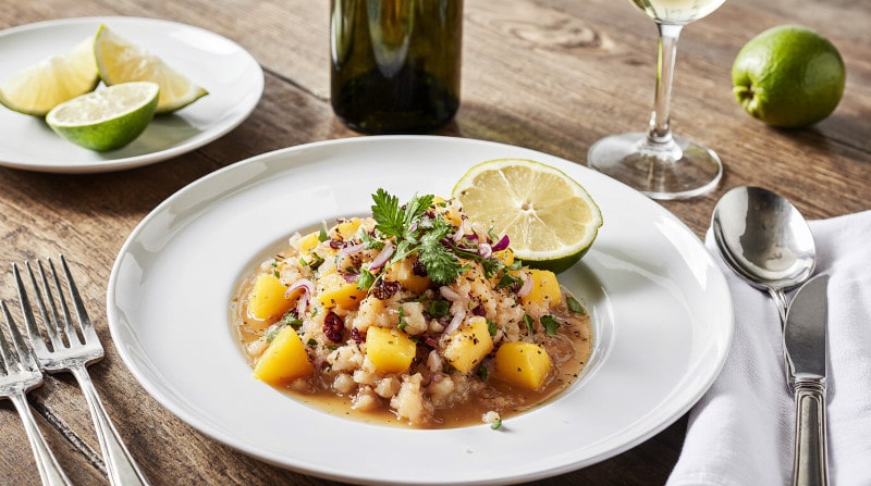 Rezeptidee Wein zum Essen Ceviche mit Mango und Limette, Sauvignon Blanc aus Marlborough, Neuseeland, Sommergericht