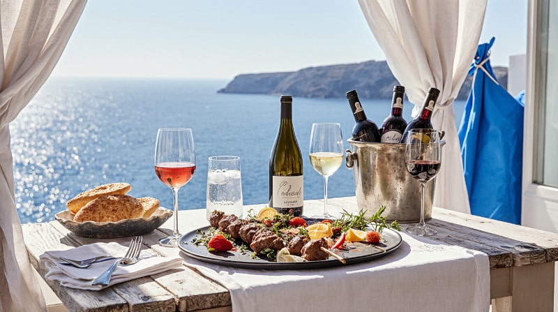 Rezeptidee Wein zum Essen Souvlaki Spieße mit Schweinefilet mariniert mit Oregano und Zitrone und ein Glas Rosé