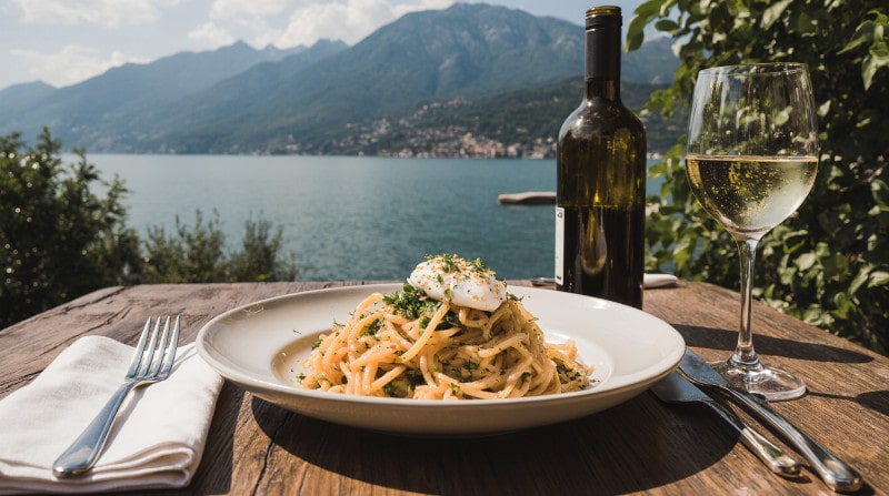 Rezeptidee Wein zum Essen Spaghettoni ein Glas mit Bottarga und ein Glas Lugana