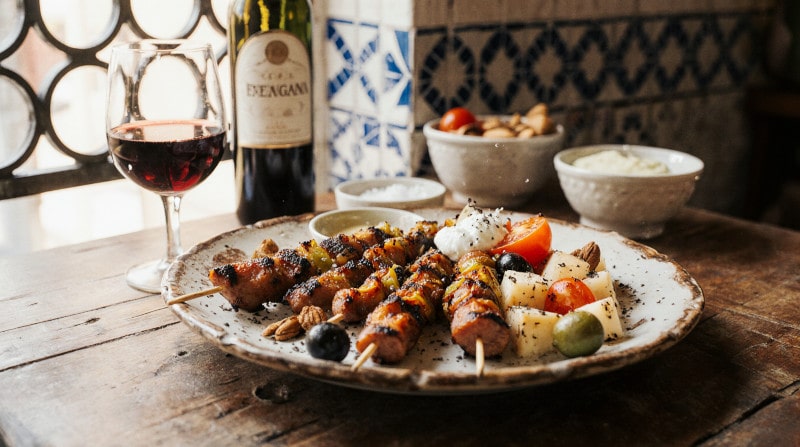 Rezeptidee Wein zum Essen Gegrillte Chorizo-Paprika-Spieße auf rustikalem Teller mit Oliven und Tomaten, daneben ein Glas Tempranillo und eine Flasche Rioja, serviert in andalusischer Tapasbar bei Tageslicht.