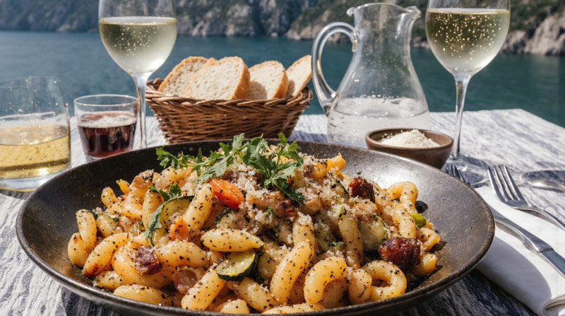Rezeptidee Wein zum Essen Strozzapreti mit Zucchini, Mandeln & Zitronenabrieb – Foodpairing mit einem Glas Lugana DOC