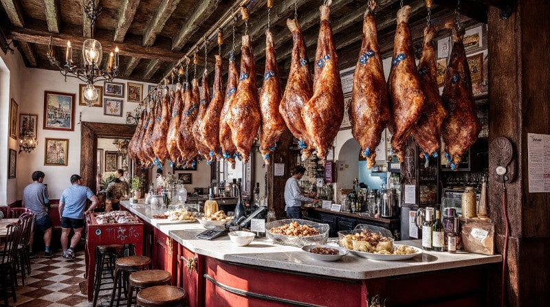 Kategoriebild Tapas und Wein Traditionelle Tapas-Bar mit hängenden Jamón-Schinken, rustikalem Holztresen, andalusischen Fliesen und einer Auswahl an Tapas und Weinflaschen auf der Theke