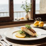 Rezeptidee Wein zum Essen Wolfsbarschfilet mit Zitronenkruste und Fenchelsalat und ein Glas Grüner Veltliner