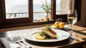 Rezeptidee Wein zum Essen Wolfsbarschfilet mit Zitronenkruste und Fenchelsalat und ein Glas Grüner Veltliner