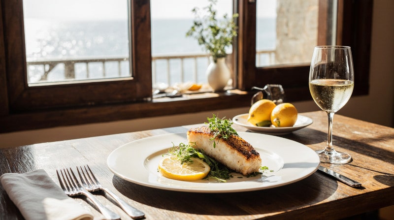 Rezeptidee Wein zum Essen Wolfsbarschfilet mit Zitronenkruste und Fenchelsalat und ein Glas Grüner Veltliner