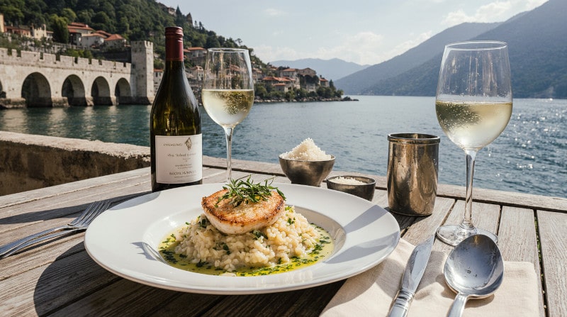 Rezeptidee Wein zum Essen Zitronen‑Risotto mit Zanderfilet und Kräuteröl und ein Glas Weißwein