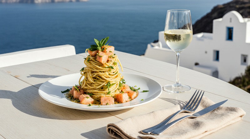 Rezeptidee Wein zum Essen Zitronen‑Tagliolini mit Lachs und Estragon und einem Glas Assytriko