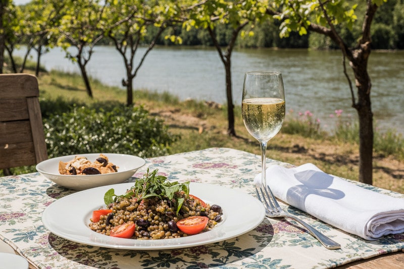 Kalter Linsensalat mit Tomaten, Oliven und Crémant de Loire, Wein aus Frankreich