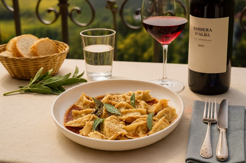 Wein zum Essen Agnolotti del Plin mit Barbera, italienischer Terrassentisch