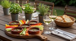 Wein zum Essen Bagna Cauda mit Roero Arneis, Gartentisch, Gemüse und Brot