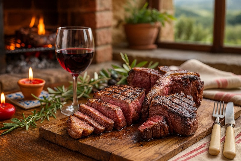 Wein zum Essen Bistecca alla Fiorentina mit Chianti Classico, Steak auf Holztisch, toskanisches Ambiente