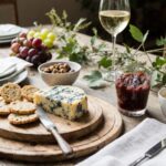 Wein zum Essen Blauschimmelkäse mit Trauben-Chutney, Sauerteigcrackern & Chardonnay auf französischem Landhaustisch