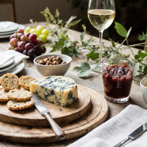 Wein zum Essen Blauschimmelkäse mit Trauben-Chutney, Sauerteigcrackern & Chardonnay auf französischem Landhaustisch
