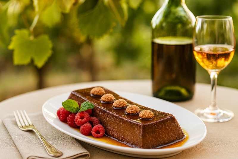 Wein zum Essen Bonet, piemontesischer Kakaopudding, Moscato d’Asti DOCG, Dessertteller, Gartenstimmung, italienischer Sommerabend