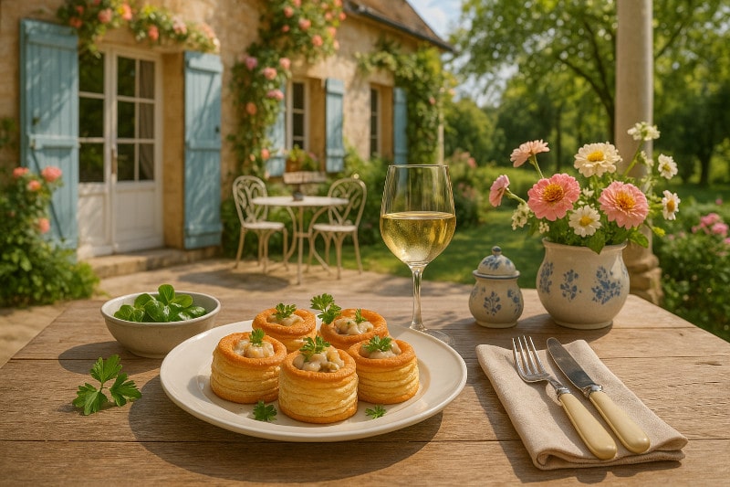 Wein zum Essen Bouchées à la Reine Blätterteigpasteten, Ragout-Füllung & Pinot Blanc d’Alsace auf Landhaustisch
