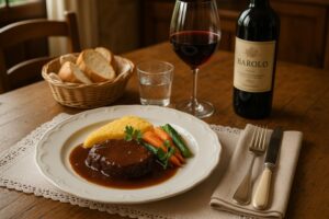Wein zum Essen Brasato al Barolo, rustikaler Festtagstisch mit Barolo und Polenta