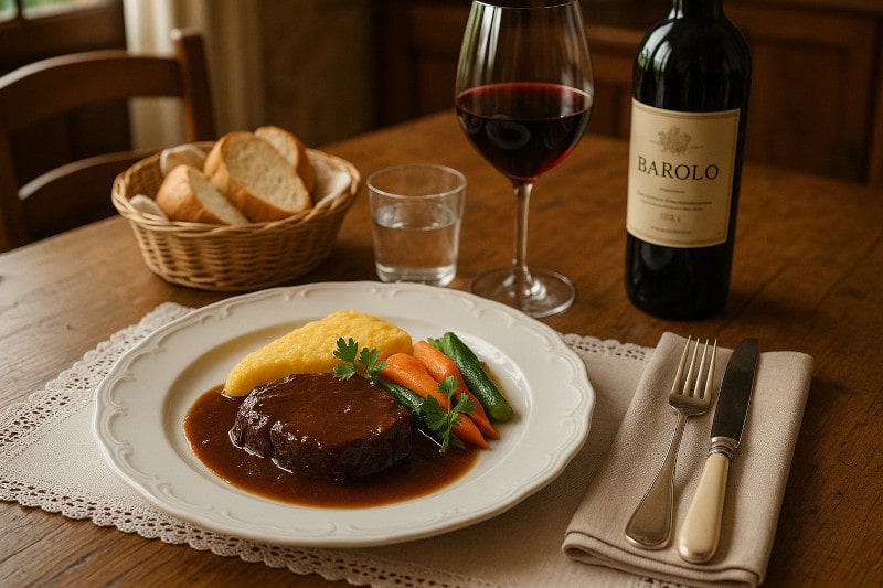 Wein zum Essen Brasato al Barolo, rustikaler Festtagstisch mit Barolo und Polenta