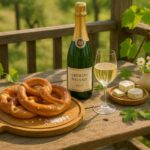 Wein zum Essen Elsässer Bretzel Laugenbrezel & Crémant d’Alsace auf Terrassentisch