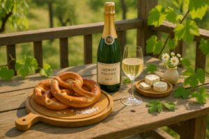 Wein zum Essen Elsässer Bretzel Laugenbrezel & Crémant d’Alsace auf Terrassentisch
