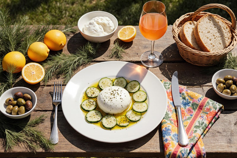 Wein zum Essen, Burrata mit fermentierten Gurken und Zitronen-Olivenöl