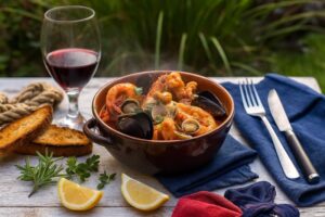 Wein zum Essen Cacciucco, toskanischer Fischeintopf, Morellino di Scansano DOCG, mediterraner Gartentisch, Meeresfrüchte
