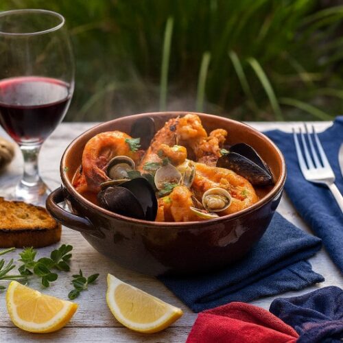 Wein zum Essen Cacciucco, toskanischer Fischeintopf, Morellino di Scansano DOCG, mediterraner Gartentisch, Meeresfrüchte