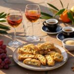 Wein zum Essen Cantucci Vin Santo, toskanisches Mandelgebäck, Dessertwein, Terrassentisch, italienisches Sommerlicht