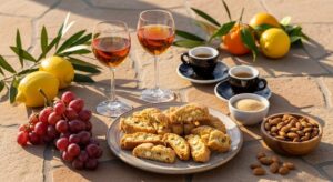 Wein zum Essen Cantucci Vin Santo, toskanisches Mandelgebäck, Dessertwein, Terrassentisch, italienisches Sommerlicht