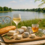 Wein zum Essen Chèvre Frais aus der Loire, Gartentisch mit Sancerre, Käseplatte