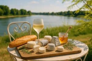 Wein zum Essen Chèvre Frais aus der Loire, Gartentisch mit Sancerre, Käseplatte