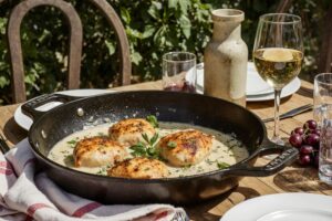 Wein zum Essen Coq au Riesling mit goldbraunem Hähnchen, cremiger Rieslingsauce & Riesling d’Alsace auf französischem Terrassentisch