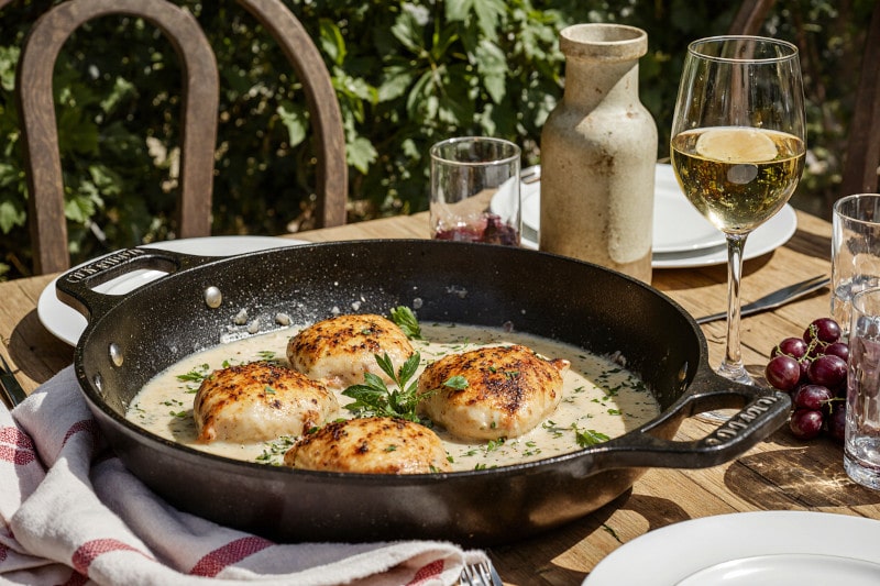 Wein zum Essen Coq au Riesling mit goldbraunem Hähnchen, cremiger Rieslingsauce & Riesling d’Alsace auf französischem Terrassentisch