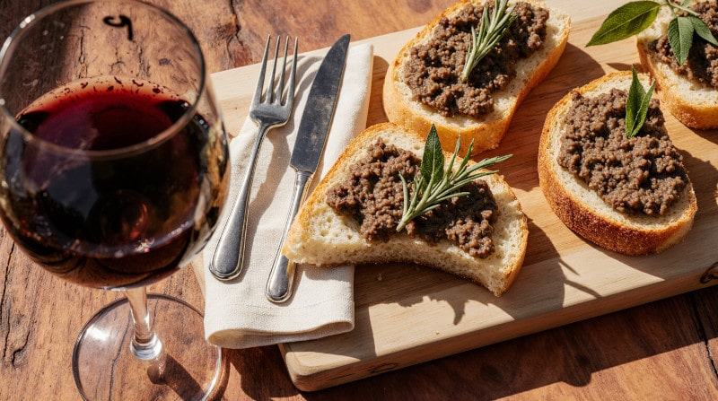 Wein zum Essen Crostini Toscani, Leber-Crostini, Rosso di Montalcino DOC, Terrassentisch, toskanische Stimmung