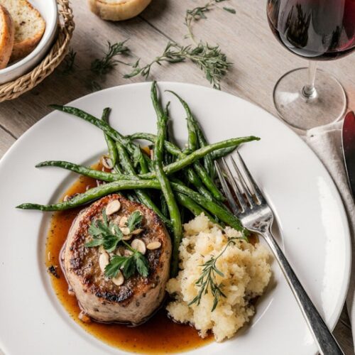 Wein zum Essen Filet Mignon de Porc, Landhausterrasse, Chinon, Kräuter