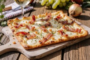 Wein zum Essen Flammekueche / Tarte flambée mit Speck, Zwiebeln & Pinot Blanc d’Alsace, französischer Gartentisch