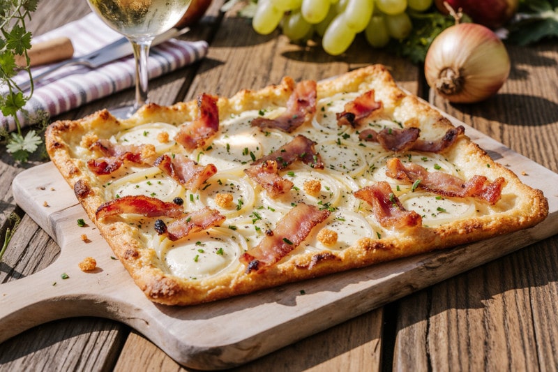 Wein zum Essen Flammekueche / Tarte flambée mit Speck, Zwiebeln & Pinot Blanc d’Alsace, französischer Gartentisch