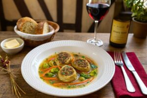Wein zum Essen Fleischschnacka in Brühe, Möhren, Lauch & Pinot Noir d’Alsace auf französischem Terrassentisch