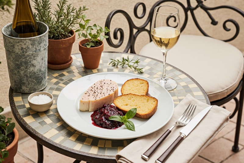 Wein zum Essen Foie Gras d’Alsace mit Brioche, Chutney & Pinot Gris Vendanges Tardives / Gewürztraminer, französisch dekoriert
