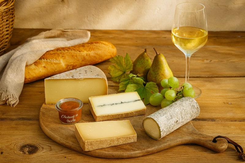 Wein aus Frankreich: Französische Käseplatte mit Comté, Morbier, Ziegenkäserolle, Quittenchutney & Chardonnay aus Burgund