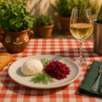 Wein zum Essen Frischkäse mit fermentiertem Rotkraut, Dill & Chardonnay Vieilles Vignes auf französischem Terrassentisch