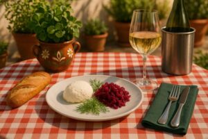 Wein zum Essen Frischkäse mit fermentiertem Rotkraut, Dill & Chardonnay Vieilles Vignes auf französischem Terrassentisch
