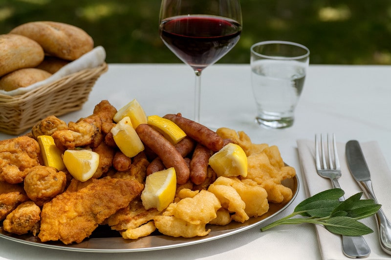 Wein zum Essen Fritto Misto Piemontese mit Barbera d’Asti, Gartentisch, italienisches Sommerfest